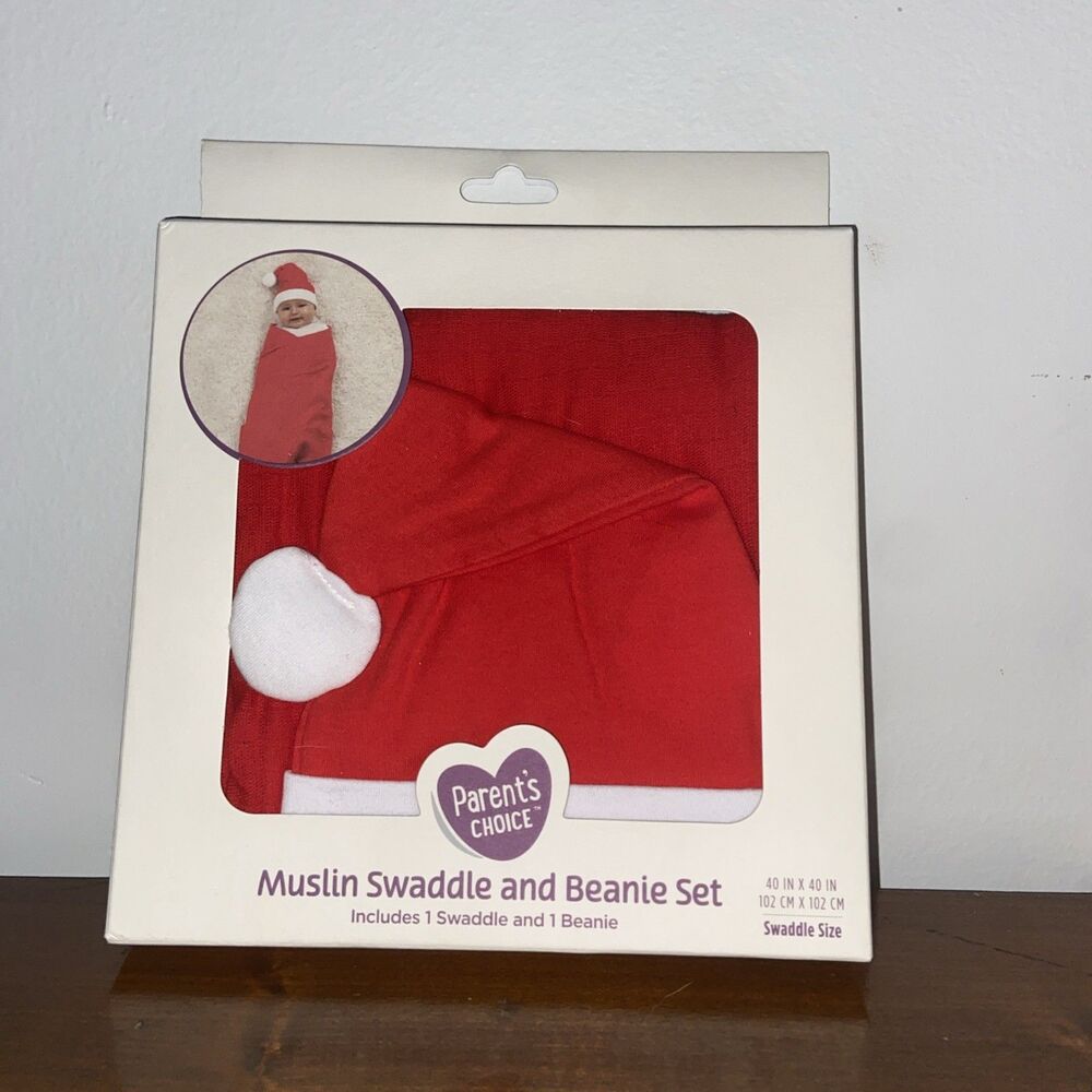 Parents Choice Muslin Swaddle and Beanie Red Cotton Infant Newborn Santa Set